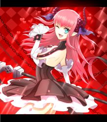 Rule 34 | 10s, 1girl, bad id, bad pixiv id, blue eyes, claws, detached sleeves, dress, elizabeth bathory (fate), elizabeth bathory (fate/extra ccc), elizabeth bathory (first ascension) (fate), fang, fate/extra, fate/extra ccc, fate (series), horns, long hair, one eye closed, pink hair, pointy ears, seohatchi, solo, tail, two side up, wink