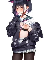 Rule 34 | 1girl, animal ears, black bra, black hair, black hoodie, black pantyhose, blue archive, blush, bra, breasts, cat ears, choker, closed mouth, clothes lift, colored inner hair, cowboy shot, hair ornament, hairclip, highres, hood, hoodie, kazusa (blue archive), lifted by self, long sleeves, looking at viewer, medium breasts, mm (mm chair), multicolored hair, neckerchief, nipples, off shoulder, one breast out, pantyhose, partially unzipped, pink neckerchief, pleated skirt, red eyes, sailor collar, shirt lift, short hair, simple background, skirt, solo, steaming body, sweat, underwear, v-shaped eyebrows, white background, white skirt
