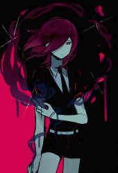 Rule 34 | 1other, androgynous, belt, cinnabar (houseki no kuni), commentary, cowboy shot, english commentary, floating hair, gem uniform (houseki no kuni), glint, hair over one eye, highres, houseki no kuni, liquid, long hair, looking at viewer, nail polish, one eye covered, other focus, pemprika, red background, red eyes, red hair, red nails, sketch, solo, twitter username, two-tone background