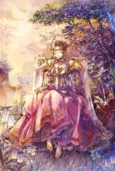 Rule 34 | 1girl, armor, armored dress, bellflower, breastplate, breasts, brown hair, cleavage, cu-rim, double bun, dress, closed eyes, flower, grass, highres, landscape, light smile, long dress, long sleeves, medium breasts, original, outdoors, pauldrons, pink dress, scenery, see-through, shoes, shoulder armor, sitting, solo, tree