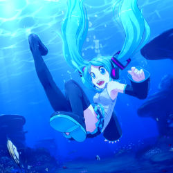 Rule 34 | aqua hair, bad id, bad pixiv id, blue eyes, boots, hatsune miku, solo, takeda yukimura, thigh boots, thighhighs, twintails, underwater, vocaloid, wet, wet clothes