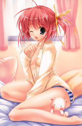 Rule 34 | 1girl, :3, :d, ;d, absurdres, bed, blue eyes, blue panties, blush, dress shirt, fang, flat chest, highres, kawahara touka, konneko, long sleeves, mikeou, no bra, one eye closed, open mouth, panties, paw pose, pillow, pink hair, shirt, short ponytail, side ponytail, smile, striped clothes, striped panties, stuffed animal, stuffed cat, stuffed toy, underwear, window