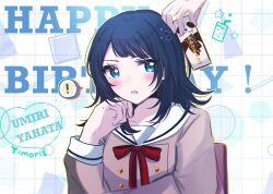 Rule 34 | !, 2girls, asahi rise, bang dream!, bang dream! it&#039;s mygo!!!!!, black hair, blush, carton, character name, collarbone, commentary request, green eyes, hanasakigawa school uniform, happy birthday, head rest, highres, long sleeves, looking at viewer, medium hair, multiple girls, neck ribbon, open mouth, partial commentary, red ribbon, ribbon, sailor collar, school uniform, solo focus, spoken exclamation mark, upper body, white sailor collar, yahata umiri