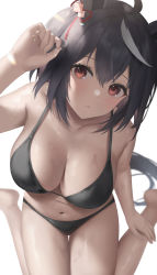 Rule 34 | 1girl, absurdres, ahoge, animal ears, bare arms, bare legs, bare shoulders, barefoot, bikini, black bikini, black hair, blush, bow, breasts, cleavage, collarbone, ear bow, ear ribbon, feet out of frame, from above, halterneck, halterneck, hand on own leg, hand up, hibimaru, highres, horse ears, horse girl, kitasan black (umamusume), large breasts, looking at viewer, multicolored hair, navel, parted lips, red eyes, red ribbon, ribbon, short hair, simple background, sitting, stomach, strap gap, streaked hair, swimsuit, thighs, umamusume, wariza, wet, white background