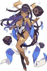 Rule 34 | 1girl, armlet, artist request, bare shoulders, black thighhighs, blue eyes, bracer, breasts, cleavage, closed mouth, covered navel, crossed bangs, cube, dark-skinned female, dark skin, earrings, female focus, floating, floating object, full body, glowing, gold, groin, hair ornament, hairband, half-closed eyes, halo, hand up, highres, jewelry, large breasts, leotard, long hair, looking at viewer, neon trim, non-web source, official art, ponytail, purple hair, shiny skin, simple background, single thighhigh, skindentation, solo, sotieth (world flipper), stirrup legwear, thighhighs, thighlet, toeless legwear, transparent background, water, white hairband, world flipper