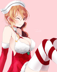 Rule 34 | 10s, 1girl, bad id, bad pixiv id, breasts, brown eyes, cleavage cutout, clothing cutout, dated, elbow gloves, gloves, headdress, kantai collection, large breasts, light brown hair, littorio (kancolle), one eye closed, pink background, red gloves, santa costume, santa gloves, solo, striped clothes, striped thighhighs, tebi (tbd11), thighhighs