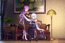 Rule 34 | 2girls, blue dress, bonsai, breasts, chinese clothes, couch, curtains, dongqing zaozigao, dress, elbow gloves, floor lamp, flower, gloves, hair flower, hair ornament, high heels, highres, indoors, long hair, mo qingxian, multiple girls, orange eyes, painting (object), pantyhose, purple eyes, purple hair, radio, reflection, shoes, sitting, standing, very long hair, vocaloid, vocanese, wallpaper (object), white hair, wooden floor, xingchen