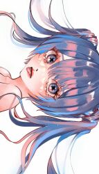 Rule 34 | 1girl, bare shoulders, blue eyes, blue hair, blue theme, eyelashes, from side, hatsune miku, light particles, lipstick, long hair, looking at viewer, looking to the side, makeup, portrait, red lips, sideways, sk066703, solo, tongue, tongue out, vocaloid, white background