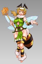 Rule 34 | 1girl, absurdres, antennae, arm cuffs, arthropod girl, bare shoulders, barefoot, bee girl, belt, blonde hair, blush, bodysuit, breasts, cleavage cutout, clothing cutout, commentary request, crotch, curvy, full body, green bodysuit, hairband, highres, holding, holding weapon, honey bee (monster girl encyclopedia), insect girl, insect tail, insect wings, large breasts, loincloth, looking at viewer, medium breasts, monster girl, monster girl encyclopedia, open mouth, orange eyes, ponytail, simple background, smile, solo, staff (weapon), tail, thick thighs, thighs, udetamago, underboob, weapon, wide hips, wings