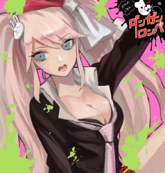 Rule 34 | 1girl, archived source, bad drawr id, bad id, blonde hair, blue eyes, bow, breasts, cleavage, cosplay, danganronpa: trigger happy havoc, danganronpa (series), enoshima junko, enoshima junko (cosplay), eyeshadow, freckles, hair bow, hair ornament, ikusaba mukuro, lipstick, long hair, looking to the side, makeup, mascara, necktie, oekaki, rabbit hair ornament, solo, tndkworks, twintails