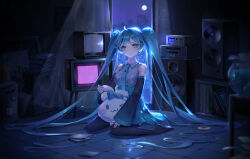 Rule 34 | 1girl, :|, arua, backlighting, black thighhighs, blue hair, blush, cd, cd case, cinnamoroll, city, closed mouth, collared dress, commentary, crt, curtains, detached sleeves, dress, expressionless, green eyes, hatsune miku, highres, holding, holding stuffed toy, indoors, long hair, long sleeves, moon, moonlight, necktie, night, no shoes, on floor, pleated dress, rabbit ears antenna, radio, record jacket, sanrio, sitting, sleeveless, sleeveless dress, sleeves past wrists, solo, speaker, static, stuffed toy, television, thighhighs, tie clip, tile floor, tiles, twintails, vase, very long hair, vocaloid, wariza, window