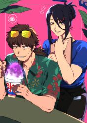 Rule 34 | 2boys, alternate costume, apron, bad food, black apron, black hair, blue ribbon, blue shirt, clenched teeth, collarbone, eyewear on head, fate/grand order, fate (series), fingernails, floral print, food, hair between eyes, hair ornament, hair ribbon, hairclip, hawaiian shirt, hector (fate), hibiscus print, highres, holding, lower teeth only, male focus, masuiiizo, multiple boys, paracelsus (fate), pink background, ponytail, ribbon, shaved ice, shirt, short sleeves, sidelocks, speech bubble, spoken squiggle, squiggle, sweatdrop, teeth, trap, waist apron, waiter, yellow eyes