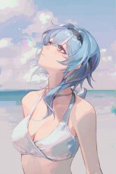 Rule 34 | 1girl, absurdres, bare shoulders, bikini, black hairband, blue hair, blue sky, breasts, brown eyes, cleavage, commentary request, day, eula (genshin impact), genshin impact, hairband, highres, large breasts, long hair, looking up, outdoors, sky, solo, stomach, swimsuit, upper body, white bikini, yutou (yutou75)