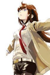 Rule 34 | 1girl, aida yuu, belt, blue eyes, brown hair, jacket, long hair, makise kurisu, necktie, outstretched arms, pantyhose, pantyhose under shorts, red necktie, shorts, simple background, solo, spread arms, steins;gate, sunlight, white background