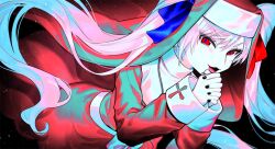 Rule 34 | 1girl, black background, black nails, jewelry, kaos-chan, kiritani846, long hair, long sleeves, looking at viewer, m.s.s project, necklace, nun, open mouth, own hands clasped, own hands together, pink hair, red eyes, solo, twintails, veil, very long hair