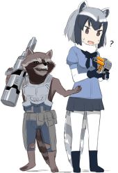 Rule 34 | &gt;:d, 10s, 1girl, :d, ?, animal ears, commentary request, common raccoon (kemono friends), crossover, gloves, gotyou, guardians of the galaxy, gun, jpeg artifacts, kemono friends, marvel, marvel cinematic universe, open mouth, pantyhose, raccoon, raccoon ears, raccoon tail, rocket raccoon, simple background, skirt, smile, standing, sweatdrop, tail, trait connection, v-shaped eyebrows, weapon, white background, white pantyhose