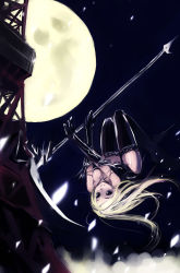 Rule 34 | 1girl, blonde hair, breasts, cleavage, elbow gloves, full moon, gloves, goth fashion, jewelry, medium breasts, moon, necklace, night, original, refeia, scythe, smile, solo, thighhighs, tokyo tower, upside-down, vertigo, wind