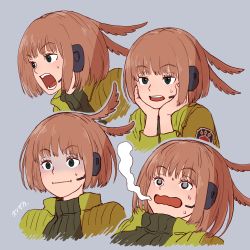 Rule 34 | 1girl, absurdres, blunt bangs, bob cut, brown hair, cropped torso, empty eyes, giving up the ghost, green eyes, hair flaps, hands on own cheeks, hands on own face, head rest, headphones, headset, highres, jitome, konami kirie, long hair, long sleeves, looking at viewer, looking away, multiple views, open mouth, otsuzaka, scared, short hair, simple background, surprised, sweat, nervous sweating, turn pale, uniform, world trigger