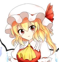 Rule 34 | 1girl, alternate breast size, ascot, breasts, collared shirt, crystal, flandre scarlet, frilled shirt collar, frills, hair between eyes, hat, hat ribbon, head tilt, koppa (mgim4428000), looking at viewer, medium breasts, medium hair, multicolored wings, one side up, open mouth, puffy short sleeves, puffy sleeves, red eyes, red ribbon, ribbon, shirt, short sleeves, simple background, sleeve ribbon, solo, touhou, upper body, white background, white hat, white shirt, wings, yellow ascot