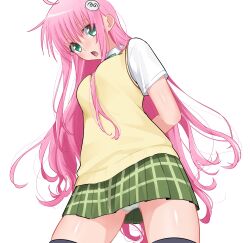 1girl arms_behind_back black_thighhighs bow bowtie checkered_clothes checkered_skirt collared_shirt ebifurai_daisuki_man gluteal_fold green_bow green_bowtie green_eyes green_skirt highres lala_satalin_deviluke long_hair looking_at_viewer open_mouth panties pantyshot peke pink_hair sainan_high_school_uniform school_uniform shirt short_sleeves simple_background skirt solo thighhighs to_love-ru underwear very_long_hair white_background white_panties white_shirt