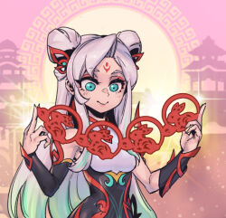 Rule 34 | 1girl, bare shoulders, black sleeves, blush, breasts, commentary request, detached sleeves, double bun, green eyes, hair bun, hair ornament, irelia, league of legends, long hair, medium breasts, multicolored background, mythmaker irelia, official alternate costume, phantom ix row, rabbit, smile, solo, upper body