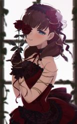 Rule 34 | 1girl, backlighting, bare arms, bare shoulders, black choker, black gloves, blue eyes, blush, brown hair, choker, closed mouth, collarbone, covering one eye, dress, earrings, flower, frilled dress, frills, from side, gloves, hair flower, hair ornament, hairband, highres, holding, holding flower, idolmaster, idolmaster cinderella girls, jewelry, ka (mauve p), lolita hairband, long hair, looking at viewer, looking to the side, red dress, red flower, red ribbon, red rose, ribbon, rose, sakuma mayu, smile, solo, strapless, strapless dress, stud earrings, thorns, upper body, window