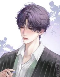 Rule 34 | 1boy, bishounen, black jacket, blush, closed mouth, ear blush, floral background, from side, highres, holding, holding petal, jacket, long sleeves, love and deepspace, male focus, mole, mole on neck, petals, pink eyes, purple background, purple eyes, purple hair, rafayel (love and deepspace), shirt, short hair, simple background, solo, two-tone background, two-tone eyes, watermark, white background, white shirt