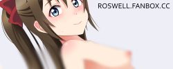 Rule 34 | 1girl, aqua eyes, artist name, artist request, bare shoulders, blue eyes, blur censor, blurry, blush, bow, breasts, brown hair, cellphone, censored, collarbone, completely nude, female focus, hair between eyes, hair bow, half updo, high ponytail, highres, long hair, looking at viewer, love live!, love live! nijigasaki high school idol club, nipples, nude, osaka shizuku, parted lips, phone, pink lips, ponytail, red bow, roswell ss, smile, solo, upper body