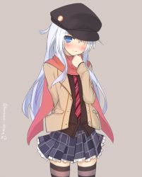 Rule 34 | 10s, 1girl, alternate costume, blue eyes, blush, casual, checkered clothes, checkered skirt, hat, hibiki (kancolle), kantai collection, long hair, looking at viewer, necktie, scarf, silver hair, skirt, solo, striped clothes, striped necktie, striped neckwear, striped thighhighs, surume aburi, thighhighs, waving arms