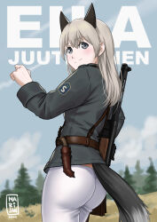 Rule 34 | 1girl, 2024, absurdres, animal ears, artist name, ass, blue eyes, eila ilmatar juutilainen, fox ears, fox girl, fox tail, green jacket, grey hair, gun, highres, jacket, looking at viewer, looking back, mardjan, pants, pantyhose, smile, solo, strike witches, submachine gun, suomi kp/-31, tail, weapon, white pants, world witches series