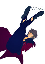 Rule 34 | 1boy, buckle, hiyama kiyoteru, hiyama kiyoteru (vocaloid4), crossed legs, legs up, looking at viewer, male focus, mouri, off shoulder, open clothes, open shirt, own hands together, red eyes, shirt, simple background, solo, v4x, vocaloid, white background