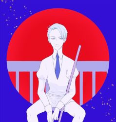 Rule 34 | 1other, androgynous, cairngorm (houseki no kuni), gem uniform (houseki no kuni), highres, houseki no kuni, looking at viewer, necktie, short hair, sitting, smile, solo, white eyes, white hair