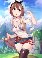 Rule 34 | 1girl, absurdres, atelier (series), atelier ryza, atelier ryza 1, belt, blue sky, blush, boots, breasts, brown eyes, brown footwear, brown hair, cleavage, clenched hand, cloud, cloudy sky, day, explosive, forest, hair between eyes, hair ornament, hairclip, hand up, hat, highres, jacket, jewelry, leaning forward, medium breasts, mountain, nature, necklace, off-shoulder shirt, off shoulder, open mouth, outdoors, red shorts, reisalin stout, shirt, short hair, short shorts, shorts, sky, sleeveless, sleeveless jacket, solo, sparkle, star (symbol), star necklace, teeth, thigh boots, thighhighs, thighs, trap (drthumt), upper teeth only, white hat, white shirt, white thighhighs, yellow jacket