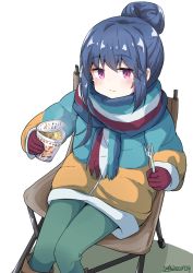 Rule 34 | 1girl, blue hair, blue jacket, blush, boots, brown footwear, brown jacket, closed mouth, commentary request, cup, cup ramen, disposable cup, dreamusun, feet out of frame, fork, fringe trim, green pants, hair bun, holding, holding cup, holding fork, jacket, multicolored clothes, multicolored jacket, on chair, pants, purple eyes, scarf, shadow, shima rin, signature, simple background, sitting, solo, two-tone jacket, white background, yurucamp