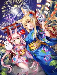 Rule 34 | 2girls, animal ears, blonde hair, rabbit ears, candy apple, cotton candy, fang, fireworks, food, fox ears, fox mask, green eyes, highres, japanese clothes, kimono, lantern, long hair, looking at viewer, mask, mouth hold, multiple girls, night, open mouth, original, paper lantern, pink hair, red eyes, torii, twintails, usagihime, yukata