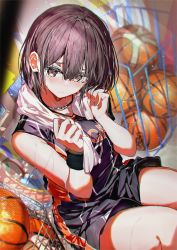Rule 34 | 1girl, ball, basketball, basketball (object), black eyes, black hair, choker, comiket 99, commentary request, enj!, gym storeroom, holding, holding towel, looking at viewer, original, short hair, solo, sportswear, towel, towel around neck, wristband