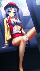 Rule 34 | 1girl, blazer, blue bra, blue eyes, blue hair, blue panties, blush, bra, bus interior, closed mouth, clothes lift, collarbone, doukyuusei 2, doukyuusei another world, dress shirt, from behind, game cg, garter straps, gloves, hat, jacket, long sleeves, miniskirt, nonomura misato, official art, open clothes, open jacket, open shirt, panties, panties around leg, partially unbuttoned, pencil skirt, red hat, red skirt, shirt, short hair, sitting, skirt, skirt lift, smile, solo, thighhighs, underwear, white gloves, white shirt, yellow jacket