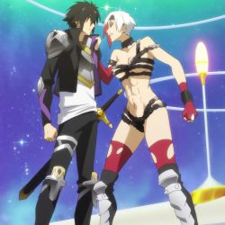 Rule 34 | 1boy, 1girl, abs, armor, bare shoulders, black hair, boots, breasts, chain, chest armor, clenched teeth, collar, collarbone, dress, earrings, elbow pads, eye contact, eyeshadow, fingerless gloves, gloves, headband, highres, jacket, jewelry, knee pads, kono yuusha ga ore tueee kuse ni shinchou sugiru, long sleeves, looking at another, makeup, medium breasts, multicolored hair, naked armor, navel, open clothes, open jacket, piercing, red eyes, red gloves, red hair, ryuuguuin seiya, screencap, serious, shirt, short hair, shoulder pads, spiked hair, spikes, standing, stitched, sword, teeth, thigh boots, thighhighs, third-party edit, torn clothes, torn legwear, valkyrie (kono yuusha ga ore tueee kuse ni shinchou sugiru), very short hair, weapon, white hair, white shirt