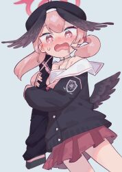 Rule 34 | 1girl, beret, black hat, black shirt, black wings, blue archive, blush, cowboy shot, grey background, hair between eyes, halo, hat, head wings, highres, koharu (blue archive), long hair, long sleeves, looking at viewer, mizu asato, open mouth, pink eyes, pink hair, pleated skirt, red halo, red skirt, sailor collar, shirt, simple background, skirt, solo, twintails, white sailor collar, wings