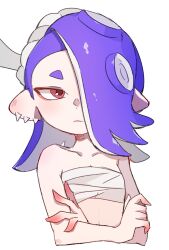 Rule 34 | 1girl, asymmetrical hair, bare shoulders, breasts, chest sarashi, closed mouth, collarbone, commentary request, cropped torso, crossed arms, earrings, expressionless, hachimaki, hair over one eye, headband, highres, jewelry, long hair, multiple earrings, nejiri hachimaki, nintendo, octoling, one eye closed, purple hair, red eyes, sarashi, shiver (splatoon), sif ly, simple background, small breasts, solo, splatoon (series), splatoon 3, stomach, suction cups, tentacle hair, tooth earrings, white background