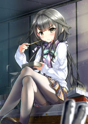 Rule 34 | 10s, 1girl, adagaki aki, bento, black pantyhose, blurry, bow, brown eyes, carillus, chopsticks, crossed legs, depth of field, eating, food, food on face, grey hair, hair bow, hair ribbon, highres, holding, long hair, long legs, looking at viewer, low twintails, masamune-kun no revenge, pantyhose, plaid, plaid skirt, pleated skirt, ribbon, rice, rice on face, school uniform, sitting, skirt, solo, twintails