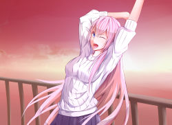 Rule 34 | 1girl, ;d, absurdres, arms up, bad id, bad pixiv id, blue eyes, highres, long hair, megurine luka, one eye closed, open mouth, pink hair, puuzaki puuna, smile, solo, sweater, very long hair, vocaloid, wink