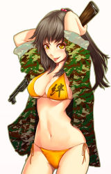 Rule 34 | 1girl, :p, arms behind head, arms up, bikini, breasts, brown hair, camouflage, cleavage, face, gun, hair bobbles, hair ornament, long hair, looking at viewer, lowres, medium breasts, navel, open clothes, open shirt, orange bikini, original, ponytail, shirt, side-tie bikini bottom, simple background, sleeves rolled up, solo, swimsuit, tokunou shoutarou, tongue, tongue out, underboob, weapon, white background, yellow eyes