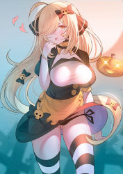 Rule 34 | 1girl, ahoge, apron, black panties, blonde hair, blush, bow, breasts, creatures (company), cynthia (pokemon), eyelashes, game freak, green bow, hair ornament, hair over one eye, halloween, hand up, heart, jack-o&#039;-lantern, jiaxi daze, large breasts, long hair, looking at viewer, mixed-language commentary, nintendo, panties, pokemon, pokemon dppt, red bow, short sleeves, solo, striped clothes, striped thighhighs, thighhighs, tongue, tongue out, underwear, very long hair, waist apron, yellow eyes
