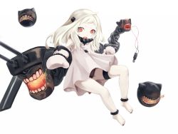 Rule 34 | 10s, 1girl, a arrow z, abyssal ship, bare legs, barefoot, black panties, colored skin, dress, artistic error, highres, horns, kantai collection, long hair, mittens, northern ocean princess, open mouth, pale skin, panties, red eyes, underwear, white dress, white hair, white mittens, white skin