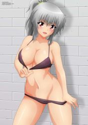 Rule 34 | 1girl, bra, bra pull, breasts, cleavage, clothes lift, clothes pull, grey hair, highres, kanna albeecht, large breasts, legs, looking at viewer, navel, nipples, open mouth, original, panties, panty pull, pantyshot, ponytail, red eyes, see-through, smile, solo, teasing, thighs, underwear, yukino memories, zel-sama