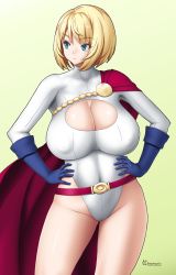 Rule 34 | 1girl, :&lt;, belt, blonde hair, blue eyes, breasts, cape, cleavage, cleavage cutout, closed mouth, clothing cutout, covered erect nipples, cowboy shot, dc comics, gloves, hands on own hips, highleg, highleg leotard, huge breasts, leotard, looking away, onomeshin, pout, power girl, short hair, solo, standing, superhero costume, superman (series)