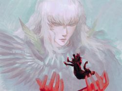 Rule 34 | 2boys, amuii, armor, artist name, berserk, black cape, black hair, blood, blood on hands, blue eyes, cape, closed mouth, falling, giant, griffith (berserk), guts (berserk), highres, long hair, looking at another, male focus, multiple boys, prosthesis, prosthetic arm, spiked hair, white hair