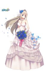 Rule 34 | 1girl, alternate costume, blonde hair, blue eyes, blue flower, blue rose, blush, bouquet, breasts, bridal veil, bug, butterfly, choker, cleavage, dress, flower, frilled dress, frills, full body, gloves, insect, jewelry, large breasts, lexington (warship girls r), long hair, necklace, official art, petals, rose, simple background, smile, solo, suisai., tiara, transparent background, veil, warship girls r, wedding dress, white background, white dress, white gloves