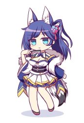 Rule 34 | 1girl, animal ear fluff, animal ears, azur lane, black footwear, black sash, blue eyes, blush, breasts, chibi, cleavage, commentary request, detached sleeves, fox ears, full body, hand fan, highres, holding, holding fan, japanese clothes, jintsuu (azur lane), kashimu, long hair, long sleeves, looking at viewer, sash, side ponytail, simple background, smile, solo, tail, wide sleeves